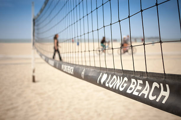 Beach volleyball net on the sand at Long Beach, CA