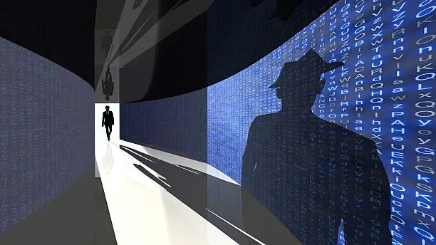 A silhouette of a hacker with a black hat in a suit enters a hallway with walls textured with random letters 3D illustration backdoor concept