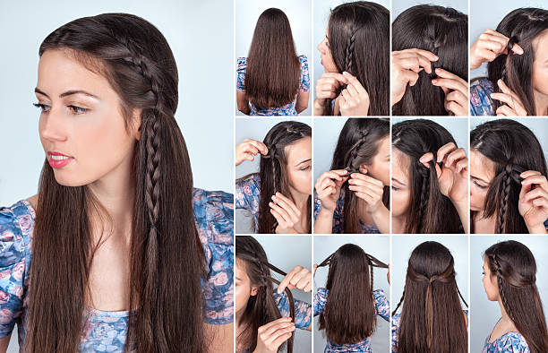 acconciatura capelli intrecciati tutorial dietro le quinte - loose hair foto e immagini stock