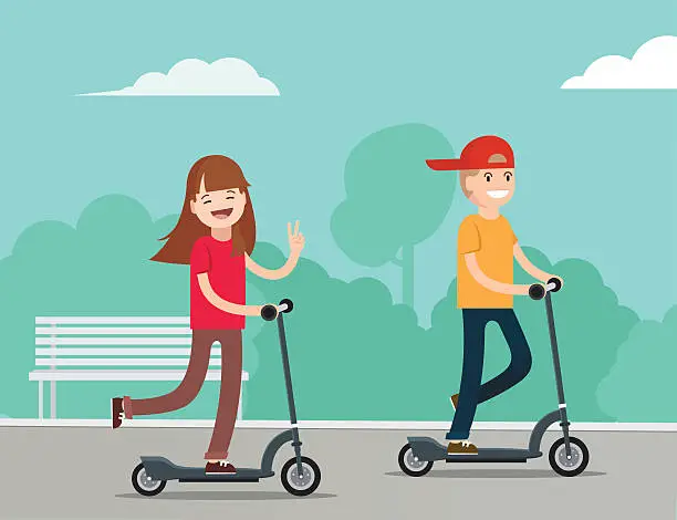 Vector illustration of Happy kids riding kick scooters in public park.
