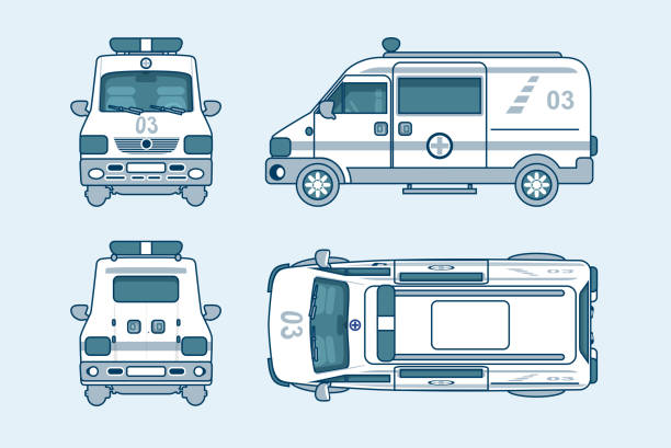 ilustrações de stock, clip art, desenhos animados e ícones de ambulância carro de topo, frente, lado, costas ver estilo de linha - delivery van