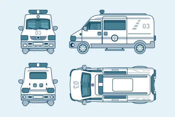 Vector illustration of ambulance car top, front, side, back view line style