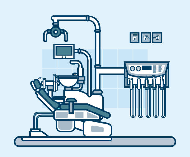 ilustrações de stock, clip art, desenhos animados e ícones de interior do escritório de dentista com cadeira no estilo de linha - dentist dentist office dentists chair cartoon