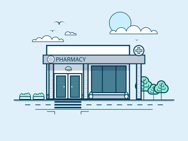 Vector illustration of city street with pharmacy, modern architecture in line style