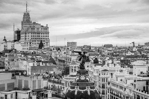 Roof of Madrid from Gran Via and Alcala street in black and white