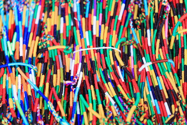Bunch of manycolored fabric necklaces and bracelets tied together and set for sale in the windowshop of a store in Lakeside Street of Pokhara-Kaski distr.-Gandaki zone-Nepal.