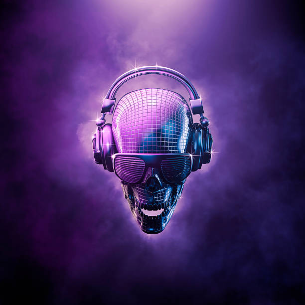 Disco ball skull 3D illustration of skull shaped disco mirror ball with headphones and shaded glasses dance music photos stock pictures, royalty-free photos & images