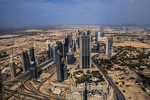 Abu Dabhi aerial view landscape ,wide angle.At daytime.View from Burj Khalifa in Dubai.