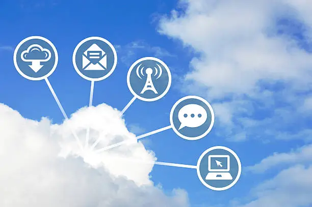 Photo of Cloud Computing Blue Sky Background with Internet Technology Vector Icons