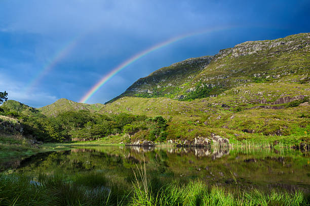 Rainbow Over Mountain Colorful rainbow over green hills in Ireland killarney lake stock pictures, royalty-free photos & images