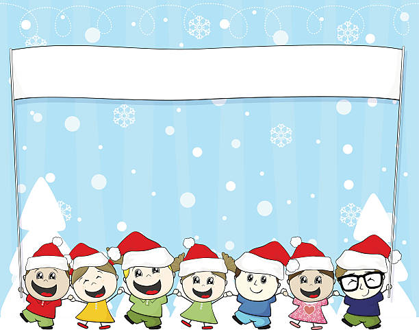 маленьких детей с санта шляпы и пустой баннер - christmas child friendship little boys stock illustrations