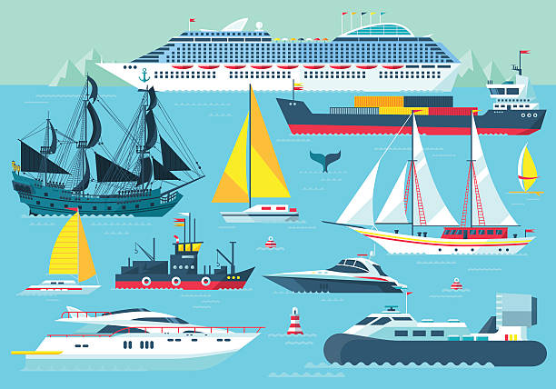water carriage and maritime transport Super set of water carriage and maritime transport in modern flat design style. Ship, boat, vessel, warship, cargo ship, cruise ship, yacht, wherry, hovercraft. Isolated on blue background cruise ship stock illustrations