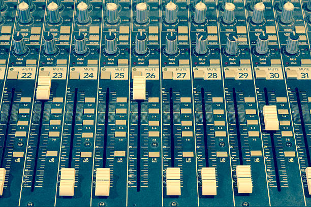 istock mixer, studio mixing board fader close up 527565605