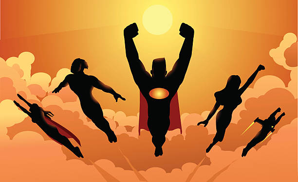 Flying Team of Superheroes Silhouette A silhouette style illustration of a superhero team flying in formation above the clouds, ready to save the world. Copy space available, perfect for website header and FB cover. rocketship silhouettes stock illustrations