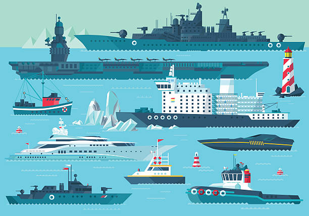 water carriage and maritime transport Super set of water carriage and maritime transport in modern flat design style. Ship, boat, vessel, nave, bark, warship, battleship, yacht, wherry, hovercraft. Isolated on blue background ironclad stock illustrations