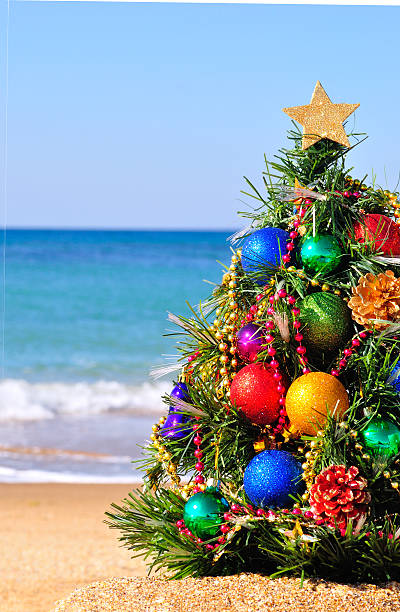 istock Christmas tree on the sand on the beach 527571697