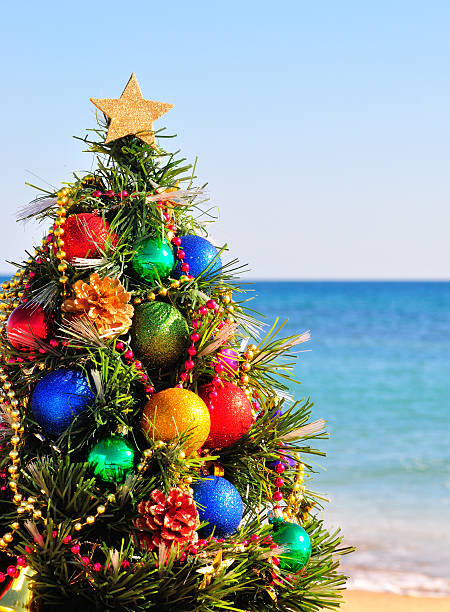 istock Christmas tree on the sand on the beach 527571701