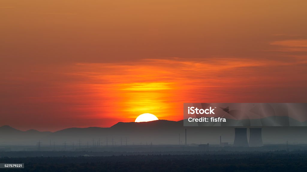 Panorama with Nuclear Power Plant in Philippsburg at sunset, Germany Architecture Stock Photo