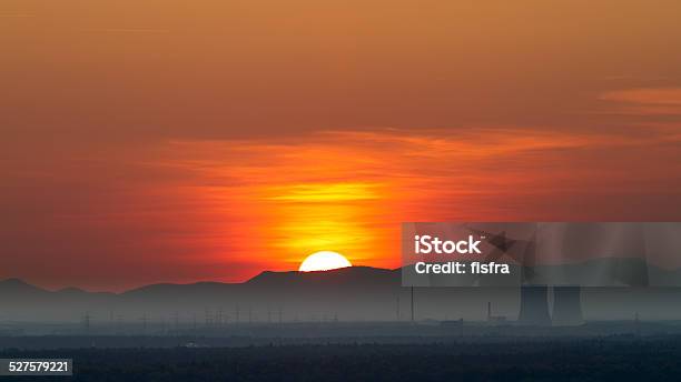 Panorama With Nuclear Power Plant In Philippsburg At Sunset Germany Stock Photo - Download Image Now