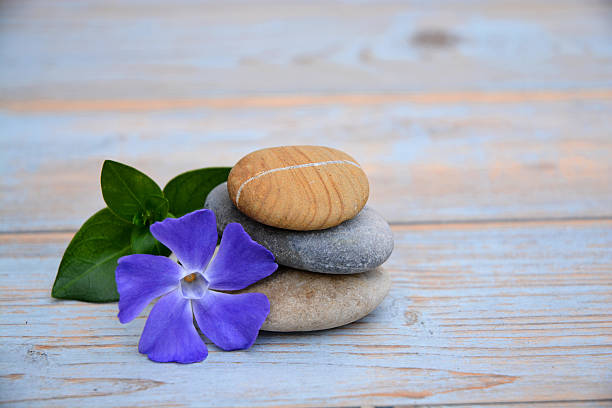 istock Three Zen stones with flower on used wood 527580413