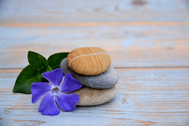 istock Three Zen stones with flower on used wood 527581217