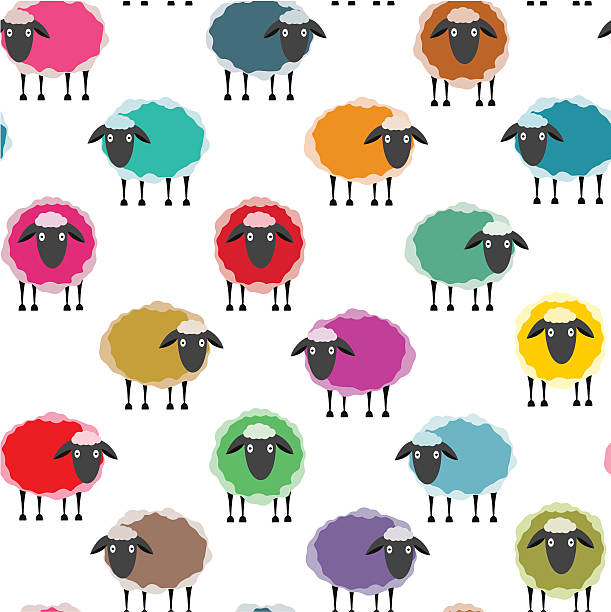 ilustraciones, imágenes clip art, dibujos animados e iconos de stock de patrón sin costuras colorida oveja - clew bay