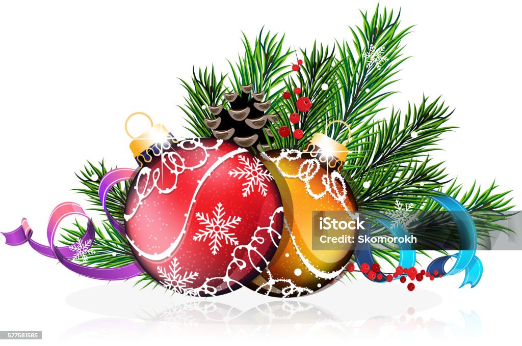 Christmas tree balls with blue and purple ribbons Christmas decorations with pine branches, cones and tinsel on white background. EPS10. Contains transparent objects Abstract stock vector