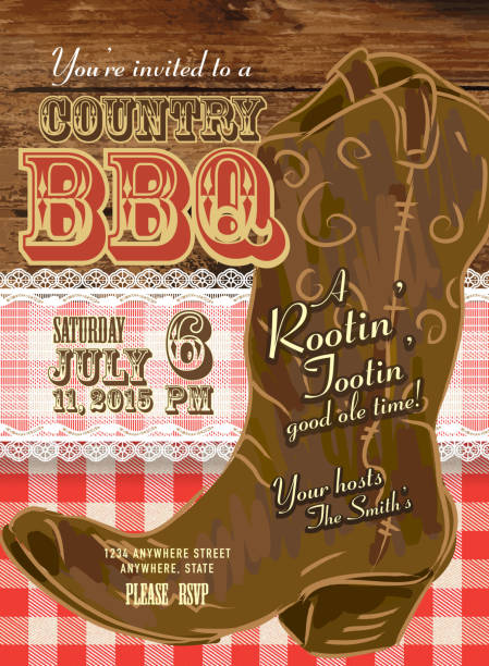 ilustrações de stock, clip art, desenhos animados e ícones de country e western bbq com bota de cowboy convite design de modelo de - country and western music illustrations