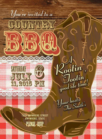 Country and western BBQ with cowboy boot invitation design template, Includes wooden background,lace, cowboy boot and table cloth. Sample text design. Easy layers for customizing.