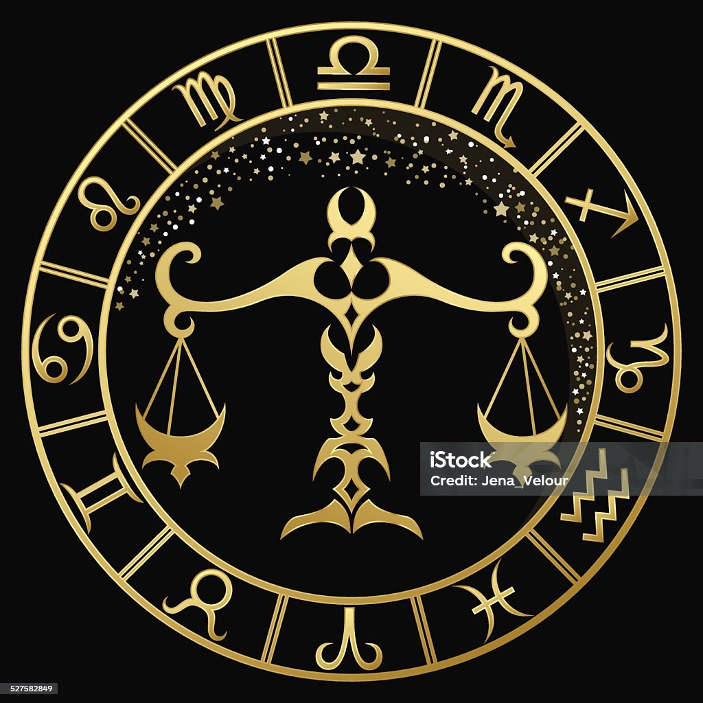 Golden Libra zodiac sign The sign of Libra in the Golden round frame on a dark background Astrology Sign stock vector