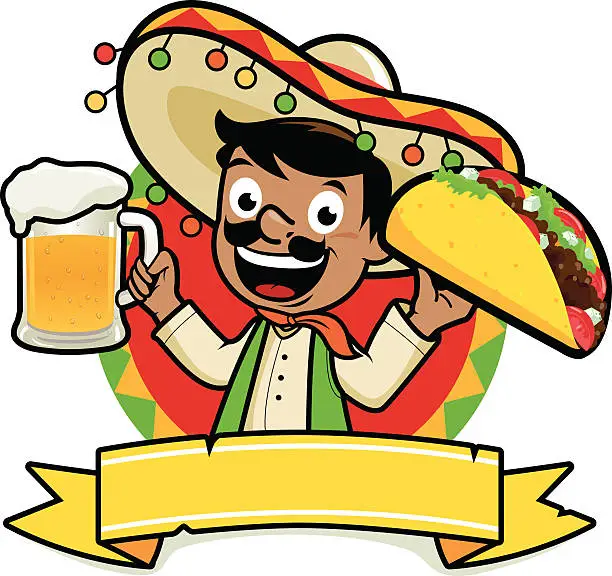 Vector illustration of Mexican holding a cold beer and a taco