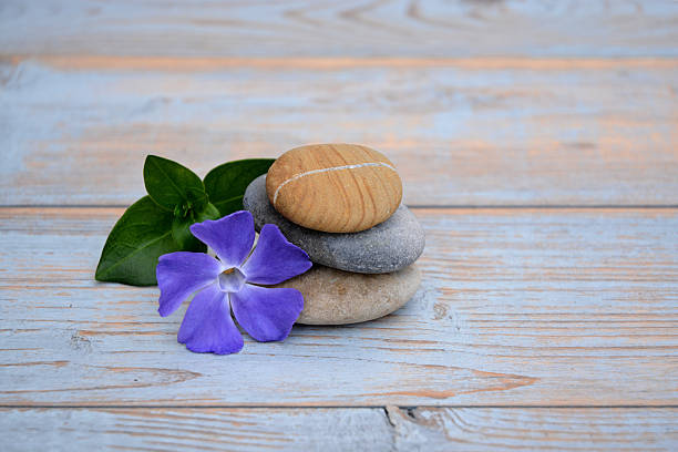 istock Three Zen stones with flower on used wood 527583475