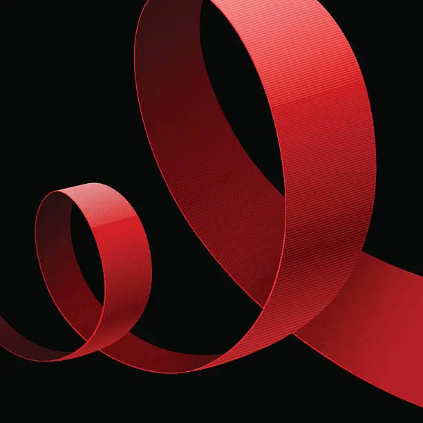 Vector illustration of Red fabric glossy curved ribbon on black background