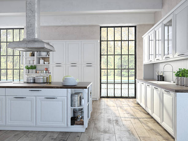 istock Luxurious kitchen with stainless steel appliances. 3d rendering 527585011