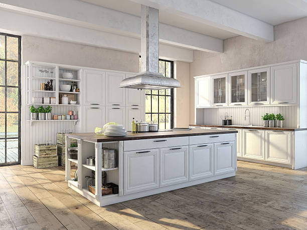istock Luxurious kitchen with stainless steel appliances. 3d rendering 527585015