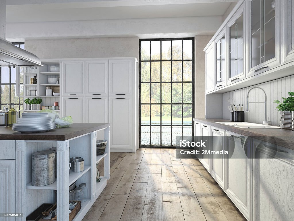 Luxurious kitchen with stainless steel appliances. 3d rendering Luxurious kitchen with stainless steel appliances in a apartment Apartment Stock Photo