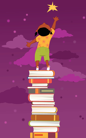 Little black girl, standing on a pile of books, reaching for a star, vector illustration, no transparencies