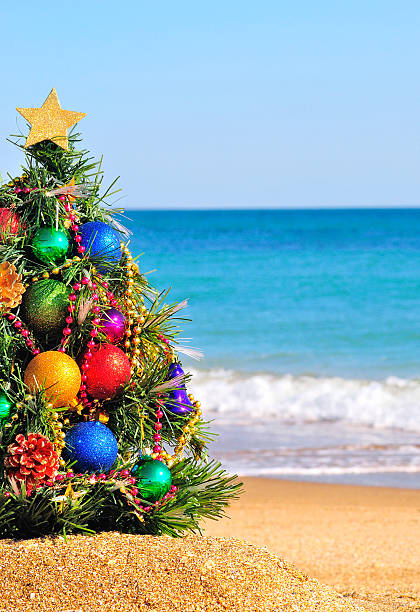 istock Christmas tree on the sand in the beach 527612535
