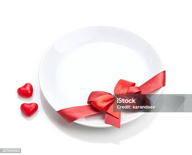 Valentines Day Heart Shaped Candy And Plate With Red Bow Stock Photo - Download Image Now