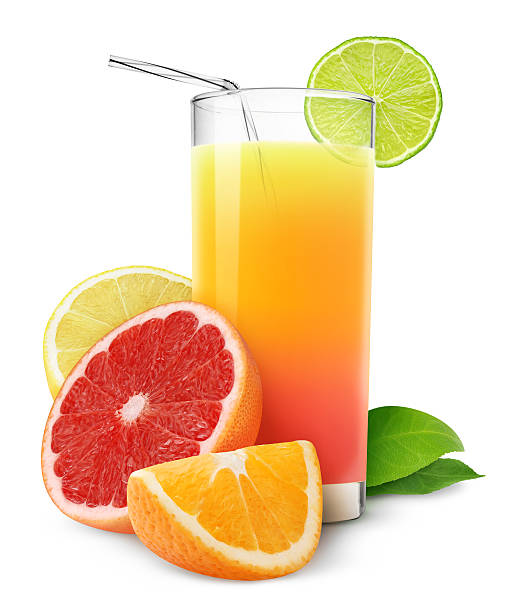suco de frutas cítricas frescas, isolado no branco - isolated on white orange juice ripe leaf - fotografias e filmes do acervo