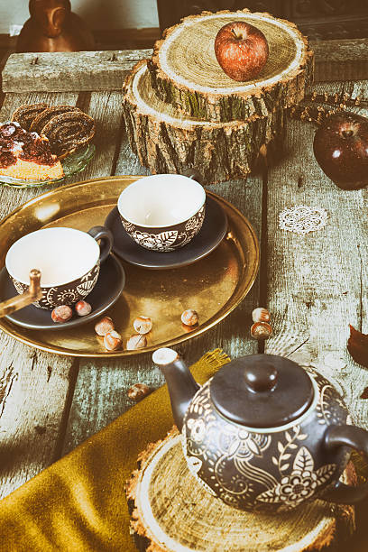 istock Tea cups with teapot on traditional vintage wooden table 527616273