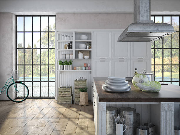 istock Luxurious kitchen with stainless steel appliances. 3d rendering 527616477