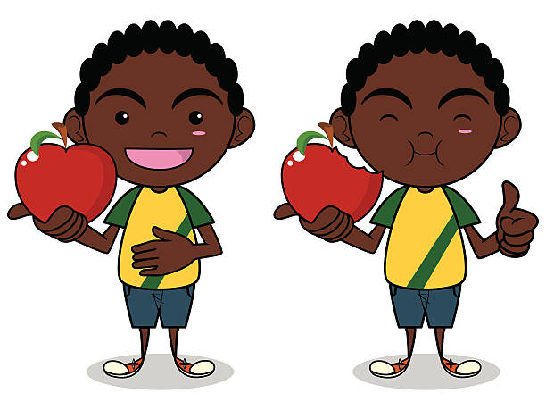 illustrazioni stock, clip art, cartoni animati e icone di tendenza di bambino che mangia una mela, illustrazione vettoriale - human hand thumbs up african descent white background