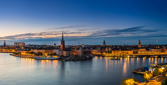 Scenic summer night panorama of the Old Town (Gamla Stan) architecture in Stockholm, Sweden