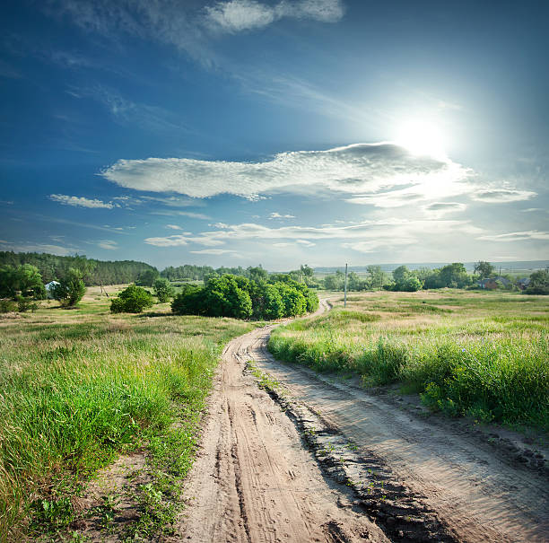 istock Country road in field with green grass 527630559