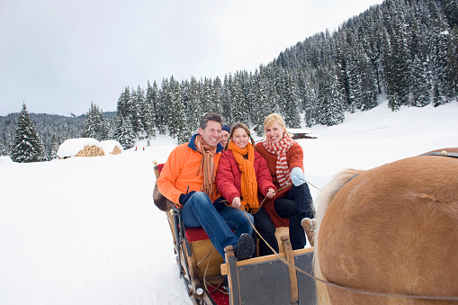 Italy, South Tyrol, Seiseralm, Family riding in sleigh