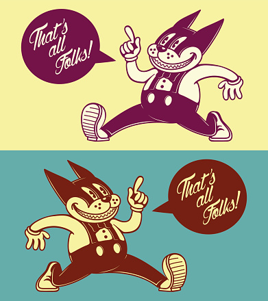that's all folks! vintage cartoon cat character with comic book speech bubble, retro looney tunes 50s advertising style