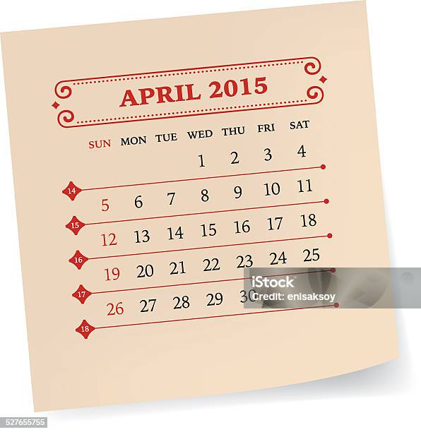 April 2015 Calendar Stock Illustration - Download Image Now - Calendar, Old-fashioned, 2015