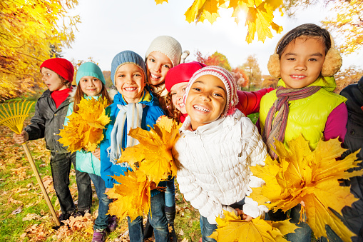 Team of happy cute kids with rake and bunches of yellow maple leaves standing close in row in the park during autumn daytime