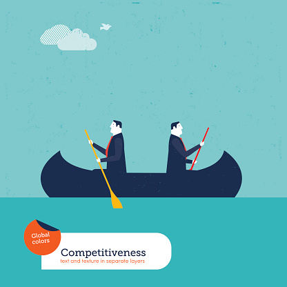 Businessmen rowing in opposite directions.